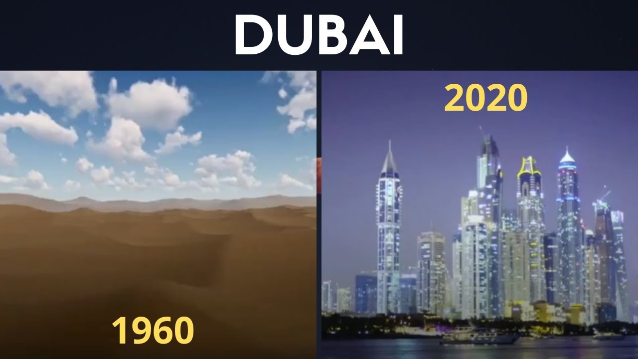 a collage showing old dubai in 1960 and dubai in 2020